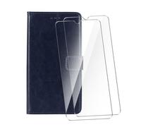 WDMYLFTW Coque pour Blackview BV6200 Pro avec 2 Pièces Verre Trempé Protège écran, Antichoc Flip Rabat Étui de Protection Cuir PU Porte Carte Pochette de Portefeuille Case Cover Housse (Bleu Marine)