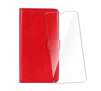 WDMYLFTW Coque pour Blackview BV6200 Pro avec Verre Trempé Protège écran, Antichoc Flip Rabat Étui de Protection Cuir PU Porte Carte Pochette de Portefeuille Case Cover Housse Etui (Rouge)