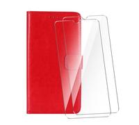 WDMYLFTW Coque pour Blackview Wave 6C avec 2 Pièces Verre Trempé Protège écran, Antichoc Flip Rabat Étui de Protection Cuir PU Porte Carte Pochette de Portefeuille Case Cover Housse Etui (Rouge)