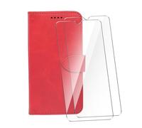 WDMYLFTW Coque pour Nokia C31 avec 2 Pièces Verre Trempé Protège écran, PU Flip Rabat Antichoc Étui de Protection Cuir Porte Carte Pochette de Portefeuille Case Etui Cover Housse (Rouge)