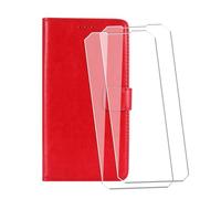WDMYLFTW Coque pour Oukitel G1 avec 2 Pièces Verre Trempé Protège écran, Antichoc Flip Rabat Étui de Protection Cuir PU Porte Carte Pochette de Portefeuille Case Cover Housse Etui (Rouge)