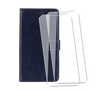 WDMYLFTW Coque pour Oukitel G1 avec 2 Pièces Verre Trempé Protège écran, Antichoc Flip Rabat Étui de Protection Cuir PU Porte Carte Pochette de Portefeuille Case Cover Housse (Bleu Marine)