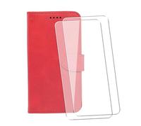 WDMYLFTW Coque pour Realme GT 8 Pro avec 2 Pièces Verre Trempé Protège écran, PU Flip Rabat Antichoc Étui de Protection Cuir Porte Carte Pochette de Portefeuille Case Etui Cover Housse (Rouge)