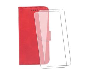 WDMYLFTW Coque pour Realme GT 8 Pro avec 2 Pièces Verre Trempé Protège écran, PU Flip Rabat Antichoc Étui de Protection Cuir Porte Carte Pochette de Portefeuille Case Etui Cover Housse (Rouge)