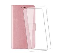 WDMYLFTW Coque pour Samsung Galaxy C55 5G avec 2 Pièces Verre Trempé Protège écran, PU Flip Rabat Antichoc Étui de Protection Cuir Porte Carte Pochette de Portefeuille Case Etui Cover Housse (Or Rose)