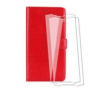 WDMYLFTW Coque pour Ulefone RugOne Xever 7 avec 2 Pièces Verre Trempé Protège écran, Antichoc Flip Rabat Étui de Protection Cuir PU Porte Carte Pochette de Portefeuille Case Cover Housse Etui (Rouge)