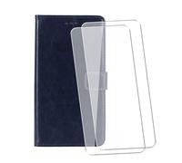 WDMYLFTW Coque pour Umidigi Note 100A avec 2 Pièces Verre Trempé Protège écran, Antichoc Flip Rabat Étui de Protection Cuir PU Porte Carte Pochette de Portefeuille Case Cover Housse Etui (Bleu Marine)