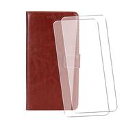 WDMYLFTW Coque pour Umidigi Note 100A avec 2 Pièces Verre Trempé Protège écran, Antichoc Flip Rabat Étui de Protection Cuir PU Porte Carte Pochette de Portefeuille Case Cover Housse Etui (Marron)