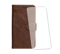 WDMYLFTW Coque pour Xiaomi Poco M8 Power 5G Cuir avec 1 Pièces Verre Trempé | Protège écran Étui de Protection PU Porte Carte Pochette de Portefeuille Antichoc Case Cover Housse Etui (Marron)