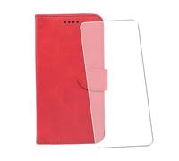 WDMYLFTW Coque pour Xiaomi Poco M8 Power 5G Cuir avec 1 Pièces Verre Trempé | Protège écran Étui de Protection PU Porte Carte Pochette de Portefeuille Antichoc Case Cover Housse Etui (Rouge)
