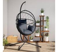 WDSAYREH Fauteuil suspendu design œuf avec support, structure en acier anthracite, rotin et corde, design balançoire, coussin rembourré épais avec housse amovible et lavable