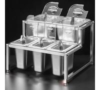 WDSOPK Étagère à épices en acier inoxydable 304 à 2 rangées, couvercle à rabat transparent, support de rangement pour buffet avec cuillère pour boîte à ingrédients commerciaux (C/35,1 x 36,1 x 25,9 cm