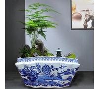 WDSOPK Pot De Fleurs Ovale en Céramique Bleue Et Blanche - Vase Floral Vintage pour Plantes D'Intérieur, Fleurs Et Succulentes - Bol Décoratif en Porcelaine Chinoise É(Perforé)
