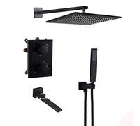 WDSOPK Système De Douche, Pommeau De Douche À Effet Pluie en Laiton Noir Encastré Au Mur De 8 À 12 Pouces, Mitigeur Thermostatique De Salle De Bain avec Robinets De Baignoire, E（12 inch）