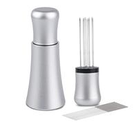 WDT Outil, Outils de Distribution d'Espresso, Agitateur de Café Expresso à 10 Aiguilles de 0,3 mm, Manche en Bois Naturel avec Support (Argent mat)