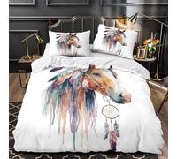 WDVBAIIOE Cheval indigène 3D Imprimé Housse de Couette 3 pièces Microfibre léger Aquarelle tribale Drap de Couette 2 taies éclair caché Couples Famille Single（140x200cm）