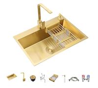 WDWDW Évier de Cuisine encastré en Acier Inoxydable doré brossé avec Robinet mitigeur, Panier d'égouttage et Distributeur de Savon