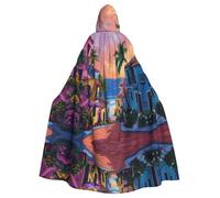 WDXQHY Cape à capuche d'Halloween de village et de bord de mer en polyester imprimé complet pour cosplay, bal masqué, comic Cons, tissu léger et confortable anti-démangeaisons avec fermeture à nouer