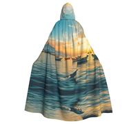 WDXQHY Cape à capuche pour village de pêcheurs en bord de mer, Halloween, cape en polyester imprimé complet, cape pour cosplay, bal masqué, bande dessinée, tissu léger et confortable
