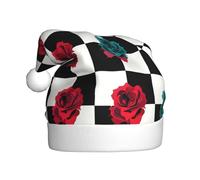 WDXQHY Roses sur un échiquier - Chapeau de Noël en peluche pour adulte - Décoration de vacances festive et accessoire de fête - Chapeau de Noël pour adultes - Décorations de fête