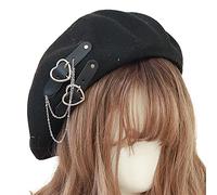WE-HYTRE Béret pour femme, béret punk mignon pour filles, avec boucle en forme de cœur, chapeau JK pour artiste japonais, béret pour femmes et filles, Noir, taille unique-M