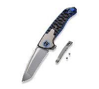 We Knife Press Check Manche en Titane Gris avec Incrustation G10 Noir/Bleu WE20078A-2