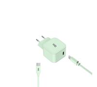 WE POP Pack Chargeur secteur + Câble USB-C/USB-C Vert : Chargeur secteur vert PD 20W port USB-C - Câble USBC-USBC 60W 1 mètre en silicone vert