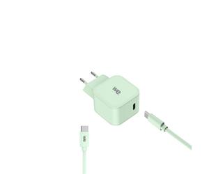 WE POP Pack Chargeur secteur + Câble USB-C/USB-C Vert : Chargeur secteur vert PD 20W port USB-C - Câble USBC-USBC 60W 1 mètre en silicone vert