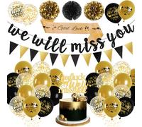 We Will Miss You Bannière - Décoration de fête d'adieu noir et doré - Écharpe Good Luck - Ballon - Guirlande de fanions - Pompons en papier - Décoration de retraite pour collègues à la retraite