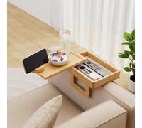 Wealone Mini accoudoir de canapé pour accoudoir étroit, plateau en bambou avec boîte de rangement, plateau rotatif et support de téléphone, accoudoir réglable pour collations ou salle à manger,