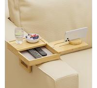 Wealone Plateau en bambou avec 2 plateaux rotatifs, bras de canapé réglable avec boîte de rangement et support de téléphone à 360°, accoudoir de canapé pour collations, boissons ou salle à manger