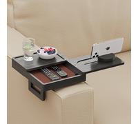 Wealone Plateau noir pour accoudoir de canapé avec 2 plateaux rotatifs, table réglable avec boîte de rangement et support de téléphone à 360°, table d'accoudoir de canapé en bambou pour collations,