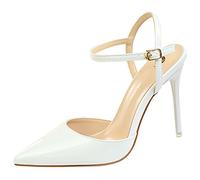 wealsex Escarpins Sandales Cuir Vernis Talon Haut Aiguilles Sexy Bout Pointu Bride Cheville Chaussure Mode Simple Soirée Club Bar Mariage Femme (Blanc,38)