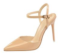 wealsex Escarpins Sandales Cuir Vernis Talon Haut Aiguilles Sexy Bout Pointu Bride Cheville Chaussure Mode Simple Soirée Club Bar Mariage Femme (Beige,38)