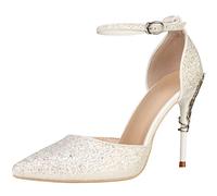 wealsex Escarpins Sandales Paillette Femme Talon Haut Aiguilles Sexy Bout Pointu Bride Cheville Boucle Elégant Soirée Mariage Club Bureau OL (Blanc,39)