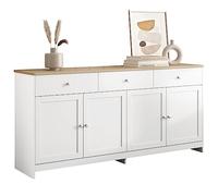 WEALTHOUSE Buffet de style maison de campagne avec 3 tiroirs et 4 portes, armoire latérale avec étagères réglables, armoire de rangement pour salon, cuisine, salle à manger, couloir (bois + blanc)