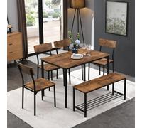 WEALTHOUSE Ensemble de table et chaises pour 6 personnes - Avec cadre en métal - Aspect bois - Banc - Étagère moderne et compacte - Pour cuisine, salon, appartement, salle à manger - Style vintage