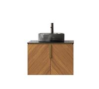 WEALTHOUSE Ensemble lavabo de salle de bain monté au mur - Plan de travail - Contreplaqué - Meuble bas en chêne - Portes à fermeture douce et poignée en laiton (bac en verre rond noir transparent, 61
