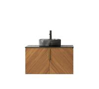 WEALTHOUSE Ensemble lavabo de salle de bain monté au mur, plan de travail, contreplaqué, meuble bas en chêne avec portes à fermeture douce et poignée en laiton (bac en verre rond noir transparent, 76