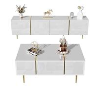 WEALTHOUSE Ensemble meuble TV moderne et table basse avec charnières à fermeture douce et accents en métal doré - Design minimaliste avec espace de rangement généreux, nettoyage facile (blanc)