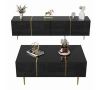 WEALTHOUSE Ensemble meuble TV moderne et table basse avec charnières à fermeture douce et accents en métal doré - Design minimaliste avec espace de rangement généreux - Nettoyage sans effort (noir)