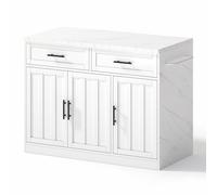 WEALTHOUSE Îlot Cuisine Multifonction comptoir arrière, Prises Secteur européennes et Ports USB latéraux, Plan Travail Aspect marbre Finition mélaminée, rangements Deux tiroirs Trois Portes (Blanc)