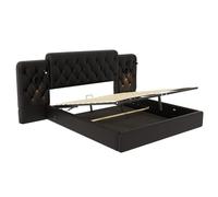 WEALTHOUSE Lit Adulte Style européen avec appuie-tête décoratif prolongé, éclairage Nocturne directionnel, Rangement escamotable sous sommier, connectique USB latérale (Noir+PU,160x200cm)