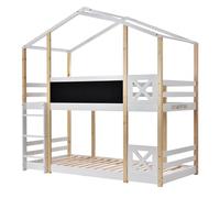WEALTHOUSE Lit de jeu de style maison avec structure solide en bois de pin massif, tableau intégré, surface d'écriture, ascension stable, protection de sécurité, garde-corps design adapté à une