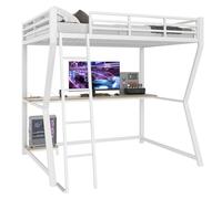 WEALTHOUSE Lit Mezzanine avec Bureau intégré, étagère pour unité Centrale, Prises électriques et Ports USB, échelle sécurisée, Garde-Corps de Protection, avec éclairage LED (Blanc,140x200cm)