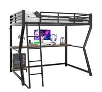 WEALTHOUSE Lit Mezzanine avec Bureau intégré, étagère pour unité Centrale, Prises électriques et Ports USB, échelle sécurisée, Garde-Corps de Protection, avec éclairage LED (Noir,90x200cm)