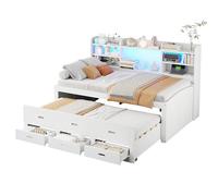 WEALTHOUSE Lit Multifonctionnel Extensible avec rangements, Espace bibliothèque intégré, LED à télécommande, connecteurs USB et Type-C, 3 tiroirs coulissants, Design Gain de Place (90x200cm,Blanc)