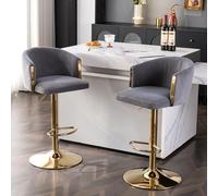 WEALTHOUSE Lot de 2 tabourets de bar pivotants modernes avec dossier central et repose-pieds dorés - Siège en velours pour cuisine, bar et restaurant - Gris