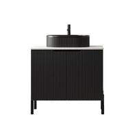 WEALTHOUSE Meuble de salle de bain autoportant, plan de travail en pierre de Carrare frittée, meuble bas rayé, double portes Soft-Close, lavabo à poser (76 cm, lavabo en céramique noir)
