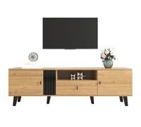 WEALTHOUSE Meuble TV bas moderne avec tiroir et 2 portes, meuble TV au design scandinave, aspect bois avec accents noirs, console multimédia avec étagère ouverte pour salon (noir + bois)